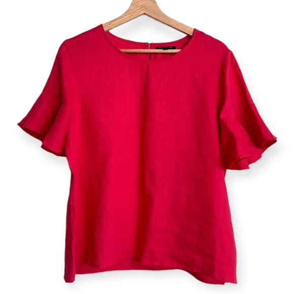For Cynthia 100% Linen Hot Pink Short Flutter Sleeve Blouse Women's Size LP - Picture 1 of 8